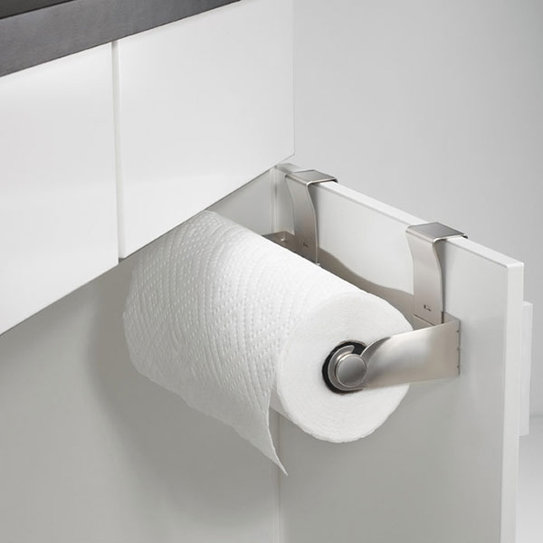 Mountie Paper Towel Holder mounted on cabinet door