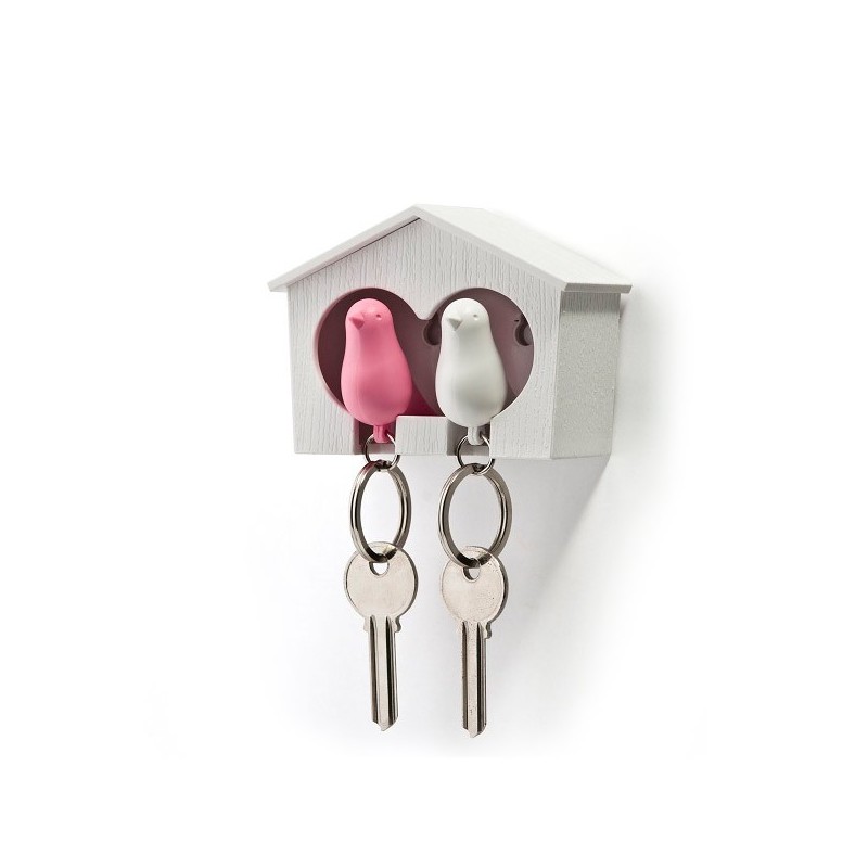 White and Pink Bird Key Holder Bird House Keyrings Duo Sparrow Wood Bird House Key Holder Sparrow Bird Key Ring 